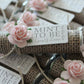 Burlap theme mint favors with pale pink roses, Mint to be personalized tag