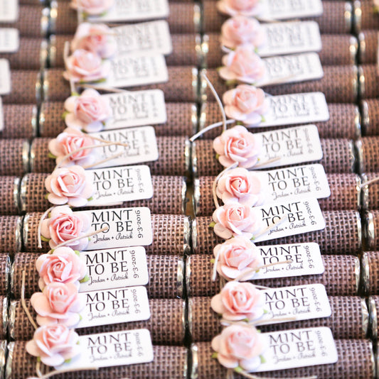 Burlap theme mint favors with pale pink roses, Mint to be personalized tag